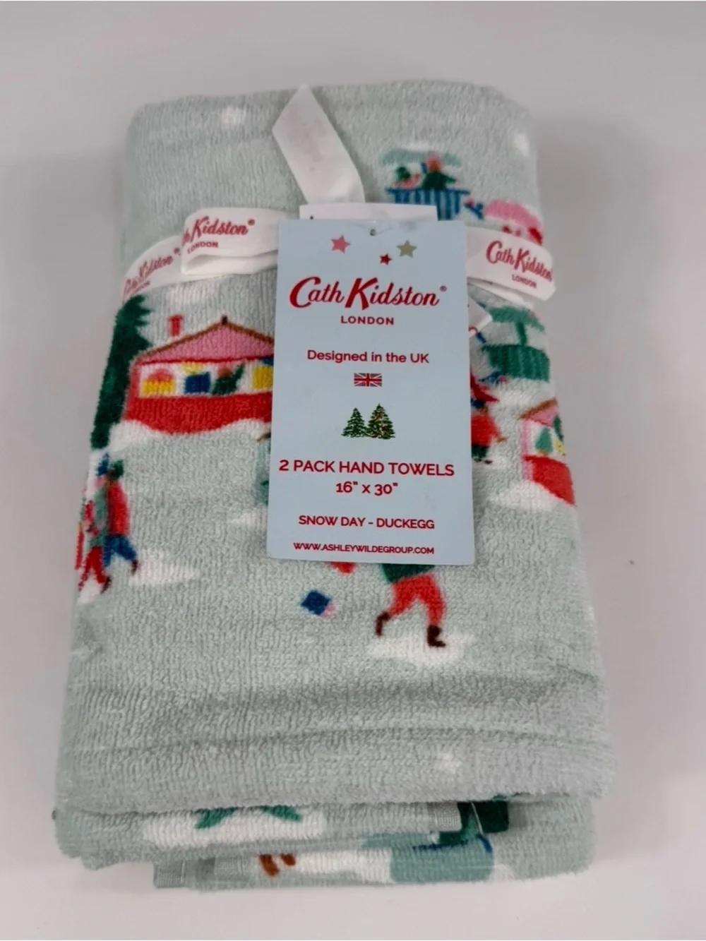 4 PC Cath Kidston Snowy Day DuckEgg 2 Bath 2 Hand Towels Christmas Vintage Scene